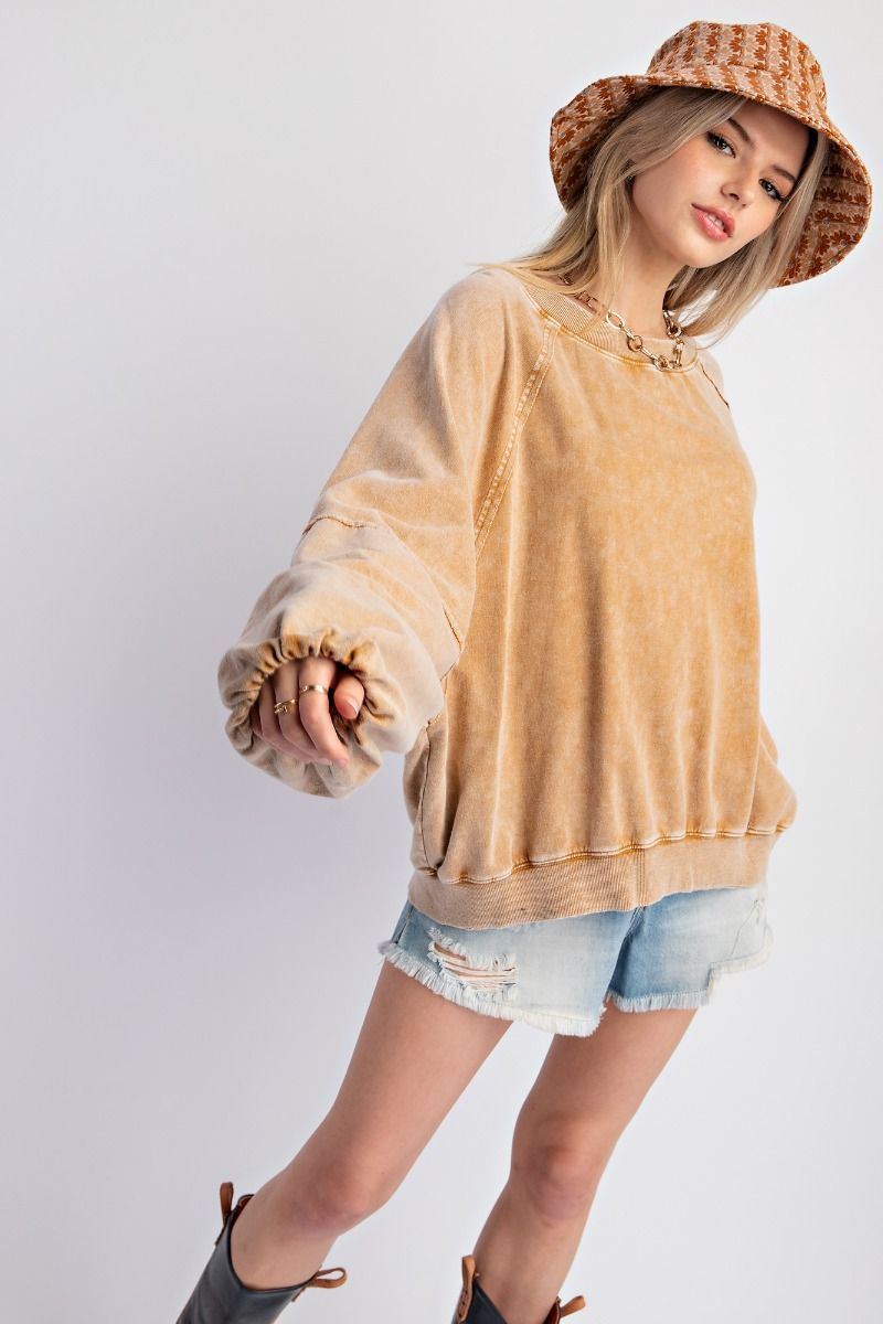 Weekend Wash Camel Mineral Washed Terry Knit Pullover Top