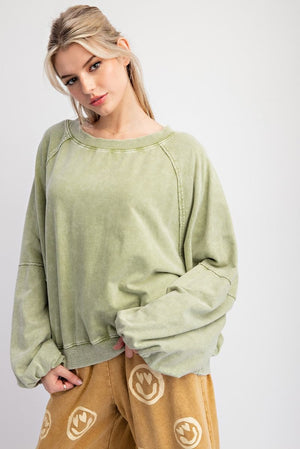Weekend Wash Sage Mineral Washed Terry Knit Pullover Top