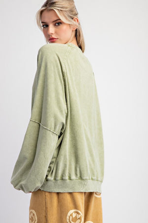 Weekend Wash Sage Mineral Washed Terry Knit Pullover Top