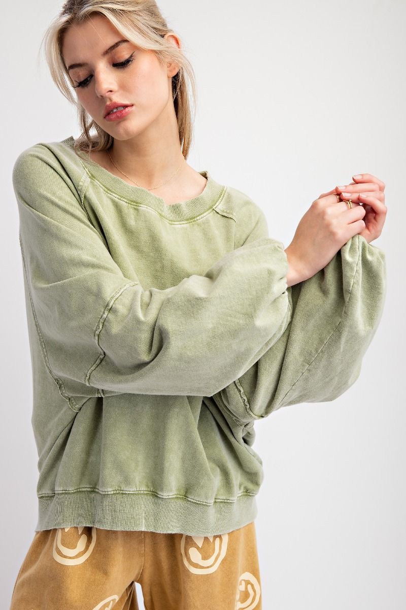 Weekend Wash Sage Mineral Washed Terry Knit Pullover Top