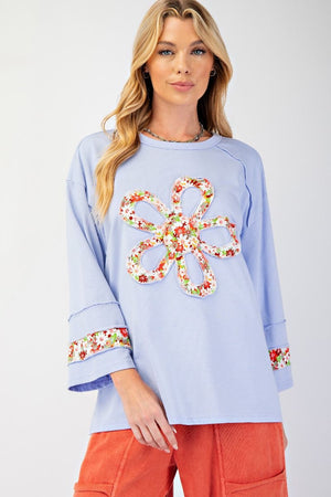 Full Bloom Lilac Blue Flower Patch Terry Knit Top