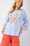 Full Bloom Lilac Blue Flower Patch Terry Knit Top