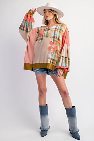 Daisy Days Plaid Mix Daisy Patch Oversized Knit Top