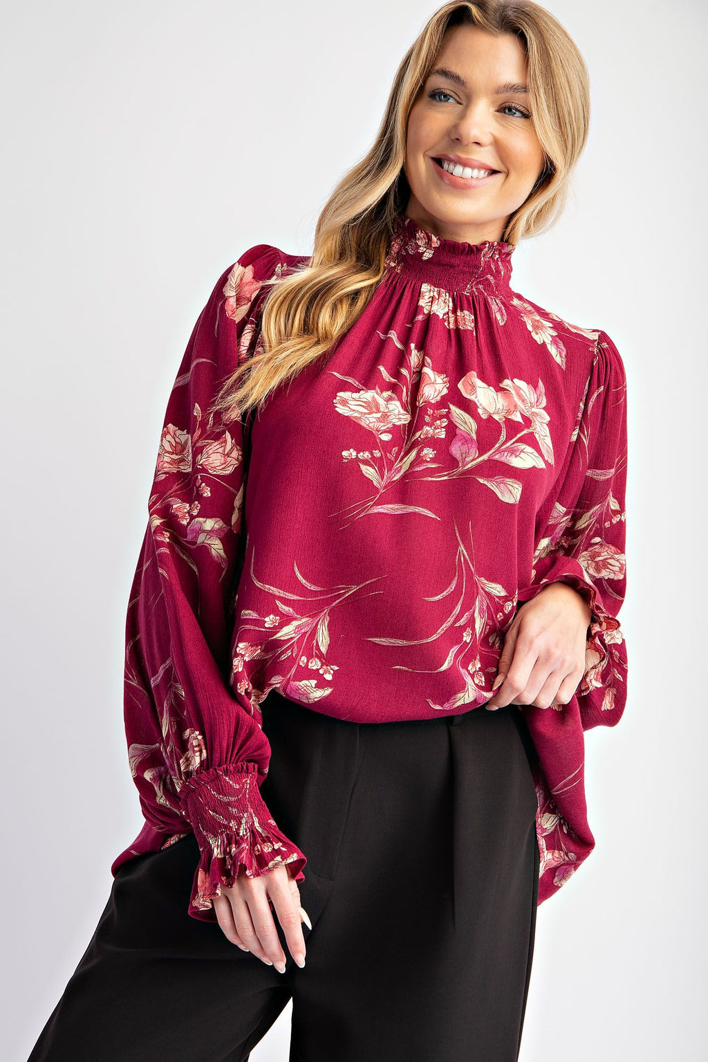 Poetic Petals Rayon Gauze Mock Neck Top