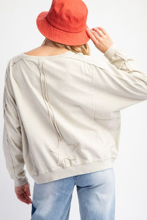 Starry Ease Ecru Washed Terry Knit Pullover Top