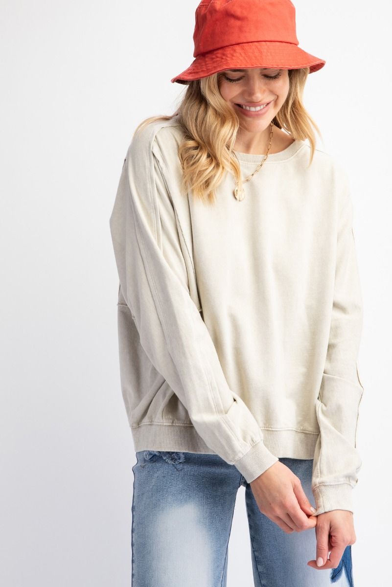 Starry Ease Ecru Washed Terry Knit Pullover Top