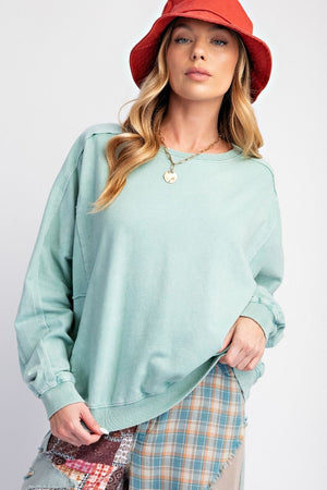 Starry Ease Sage Washed Terry Knit Pullover Top