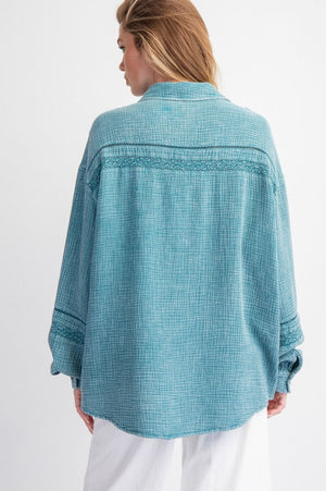 Driftwood Faded Teal Washed Cotton Gauze Top