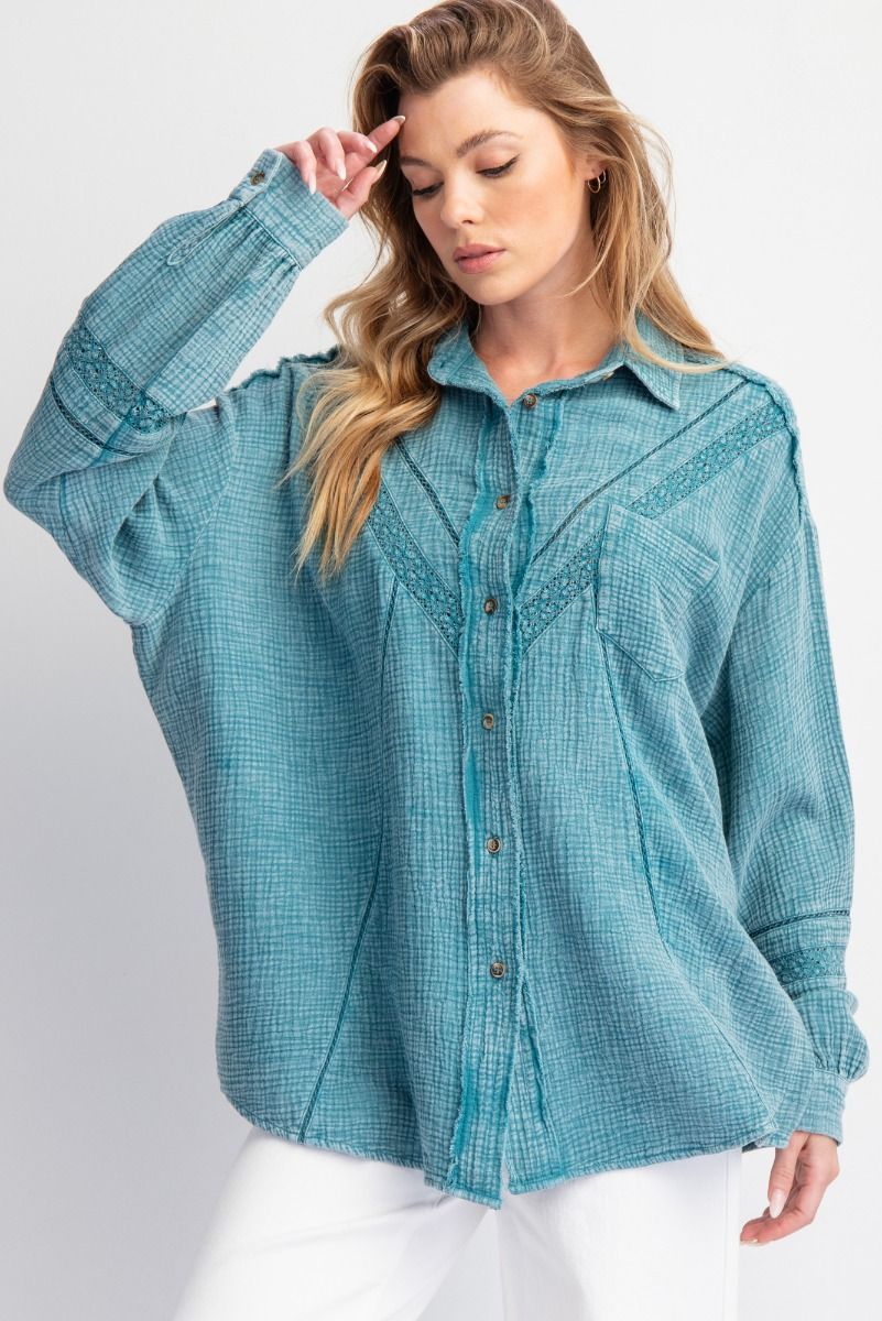 Driftwood Faded Teal Washed Cotton Gauze Top