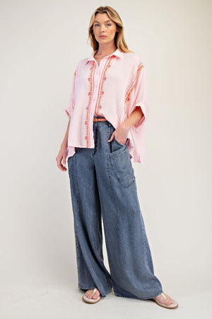 Enjoy The View Embroidered Button Down Top