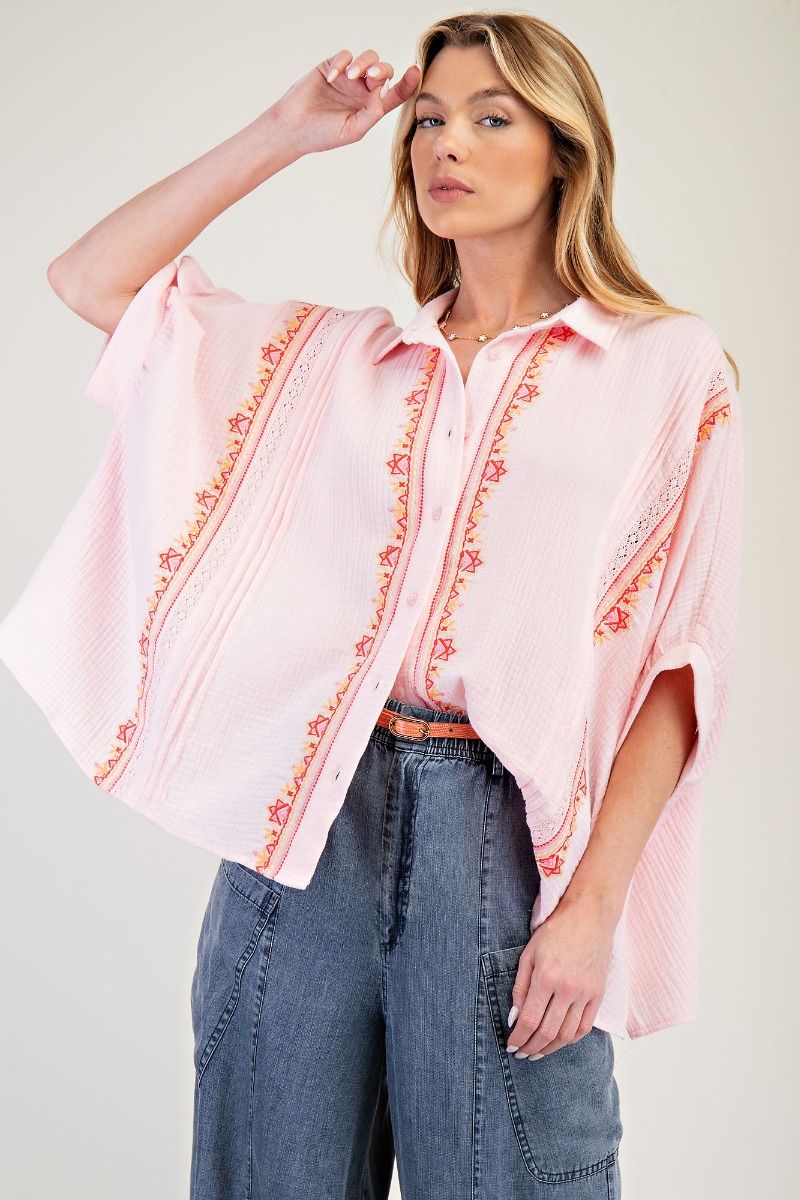 Enjoy The View Embroidered Button Down Top