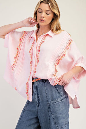 Enjoy The View Embroidered Button Down Top