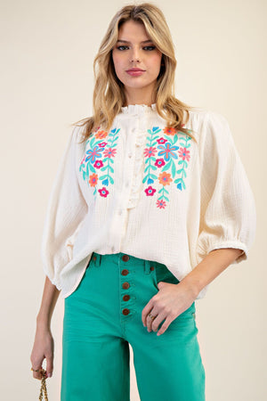 Petal Perfection Embroidered Cotton Gauze Top