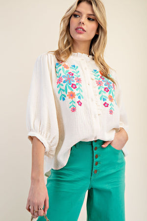 Petal Perfection Embroidered Cotton Gauze Top