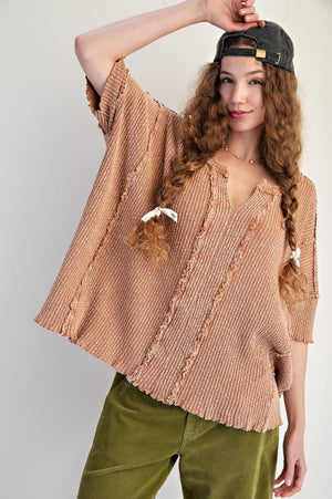 The Missing Piece Mocha Textured Rib Knit Mineral Washed Top