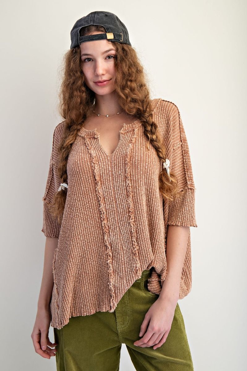 The Missing Piece Mocha Textured Rib Knit Mineral Washed Top