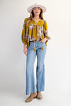 Blossom Trail Golden Kiwi Printed Keyhole Front Woven Top