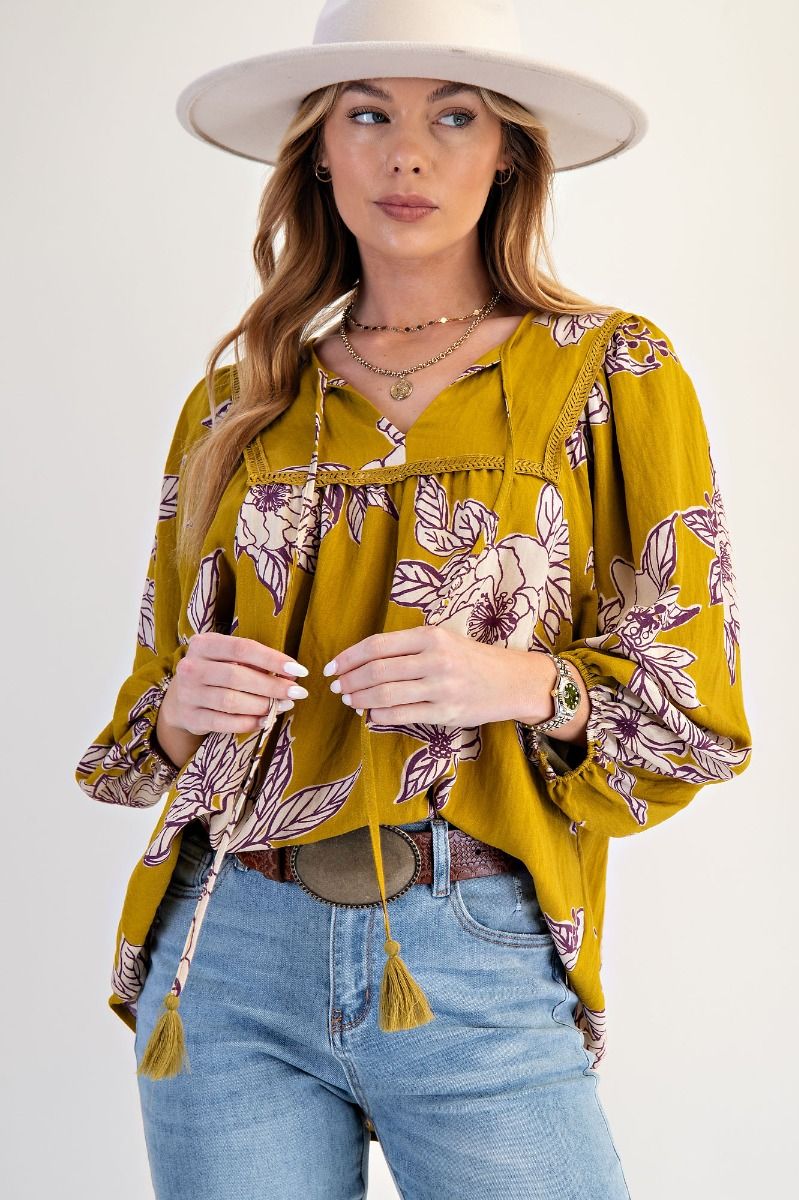 Blossom Trail Golden Kiwi Printed Keyhole Front Woven Top
