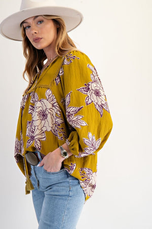 Blossom Trail Golden Kiwi Printed Keyhole Front Woven Top