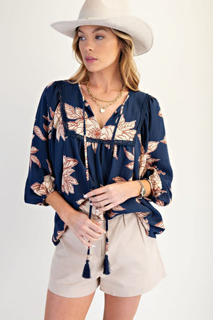 Blossom Trail Navy Printed Keyhole Front Woven Top
