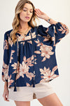 Blossom Trail Navy Printed Keyhole Front Woven Top