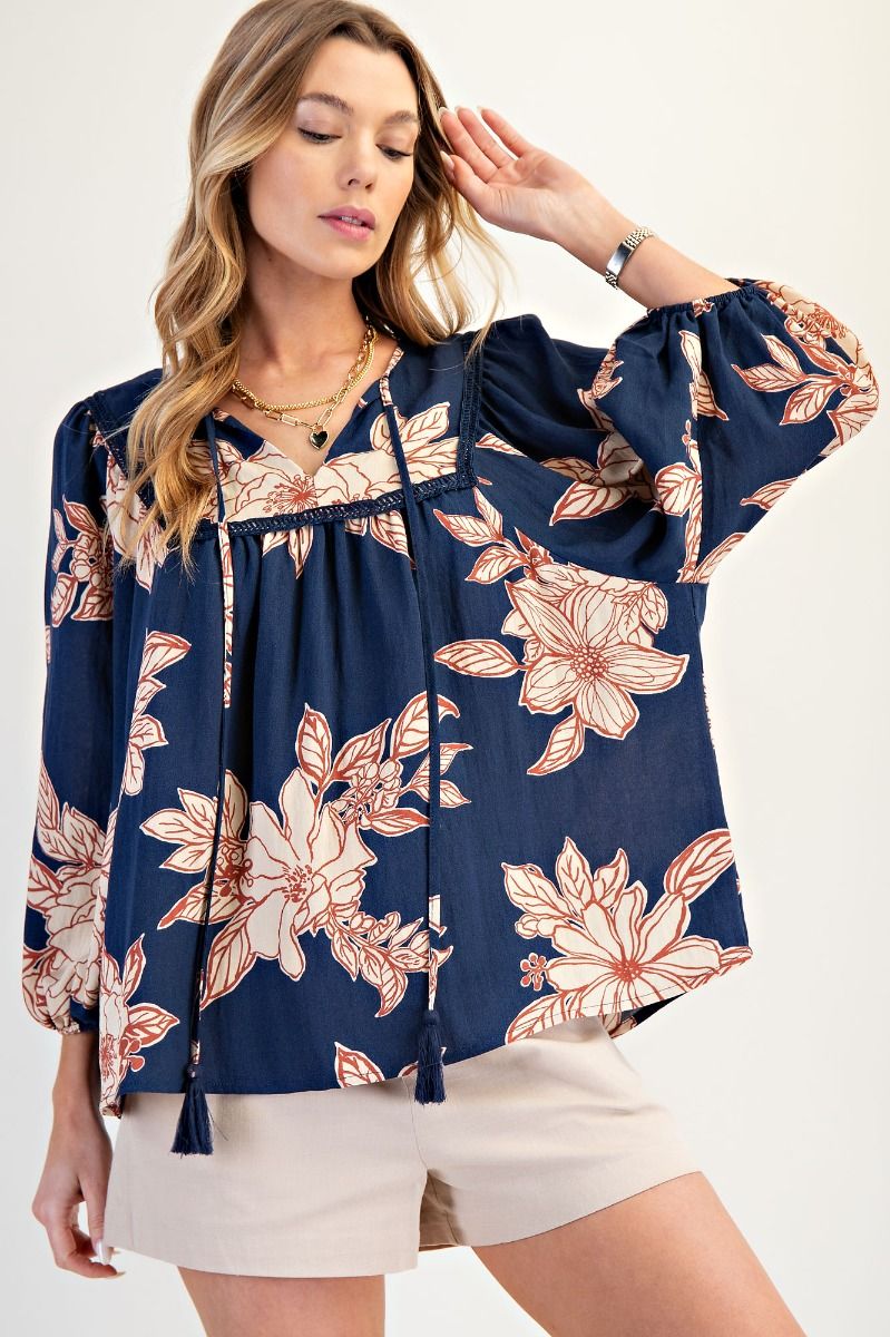 Blossom Trail Navy Printed Keyhole Front Woven Top