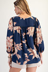 Blossom Trail Navy Printed Keyhole Front Woven Top