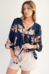 Blossom Trail Navy Printed Keyhole Front Woven Top
