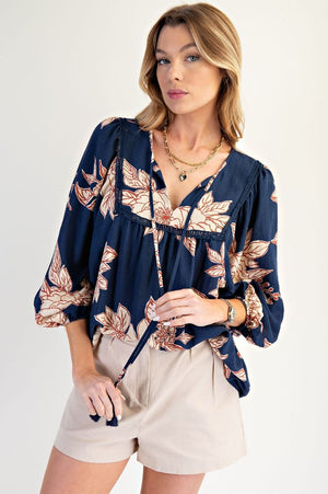 Blossom Trail Navy Printed Keyhole Front Woven Top