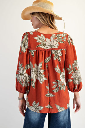 Blossom Trail Printed Keyhole Front Woven Top