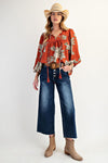 Blossom Trail Printed Keyhole Front Woven Top