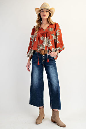 Blossom Trail Printed Keyhole Front Woven Top