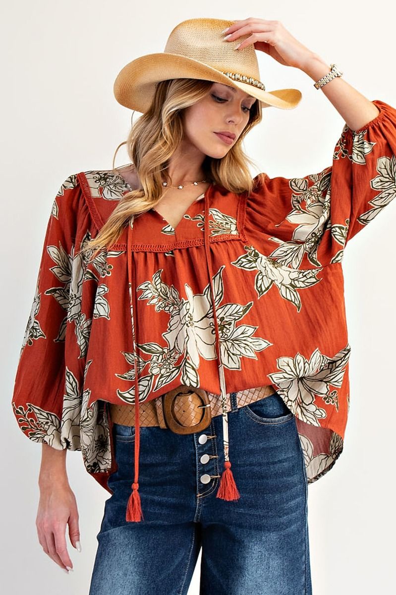 Blossom Trail Printed Keyhole Front Woven Top