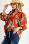 Blossom Trail Printed Keyhole Front Woven Top