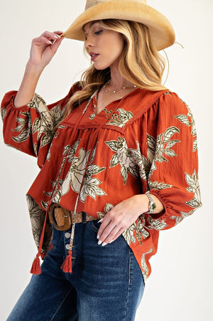 Blossom Trail Printed Keyhole Front Woven Top