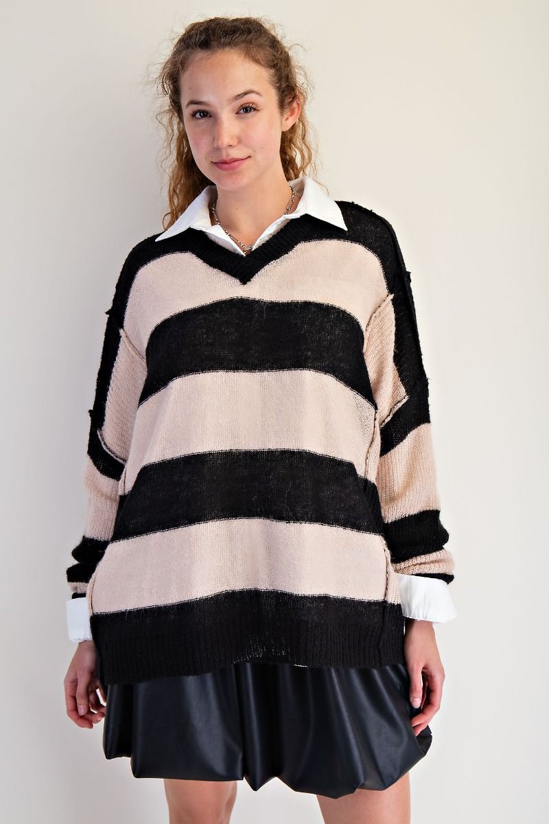 Varsity Mood Black & Natural Rugby Striped Sweater