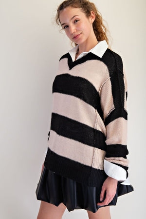 Varsity Mood Black & Natural Rugby Striped Sweater