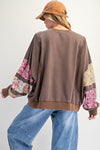 Patchwork Poetry Mocha Mix Print Washed Terry Pullover Top