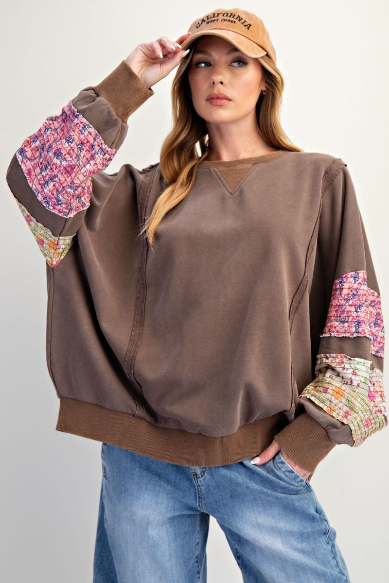 Patchwork Poetry Mocha Mix Print Washed Terry Pullover Top