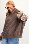 Patchwork Poetry Mocha Mix Print Washed Terry Pullover Top
