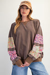 Patchwork Poetry Mocha Mix Print Washed Terry Pullover Top