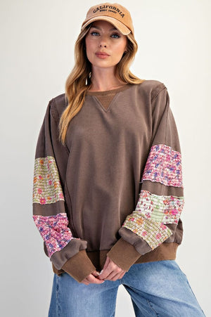 Patchwork Poetry Mocha Mix Print Washed Terry Pullover Top