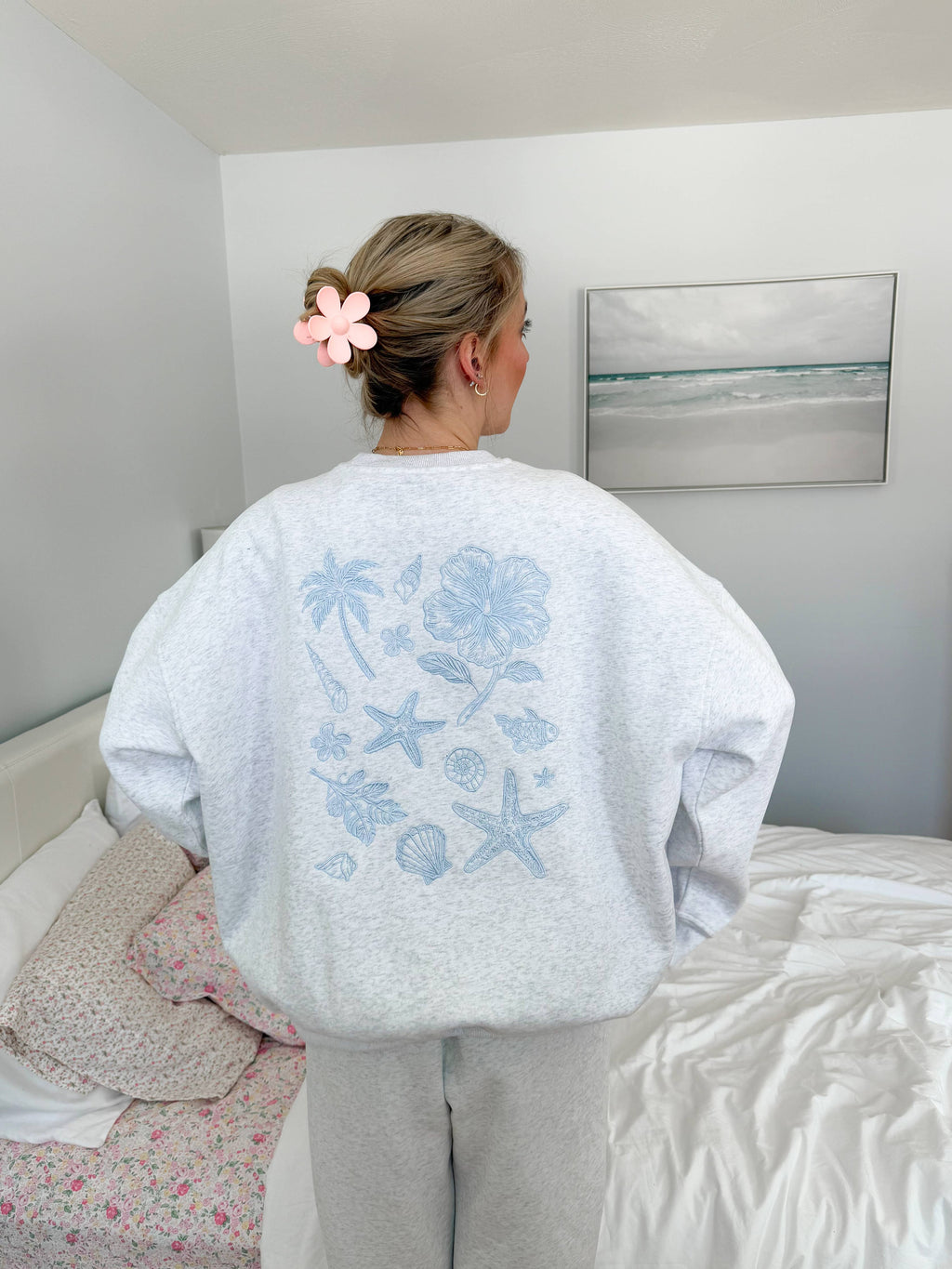 Sunkissed Coconut Pearl Grey Tropical Embroidered Sweatshirt