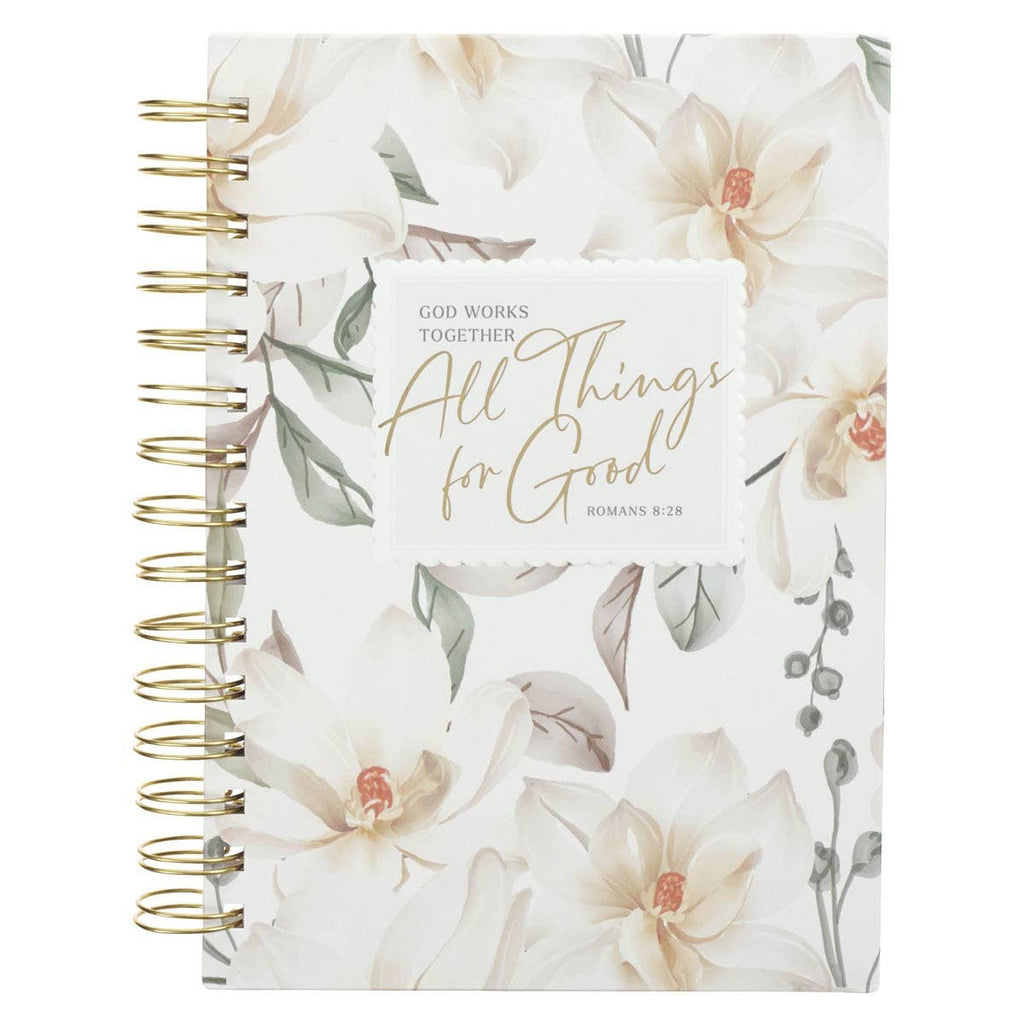 All Things For Good Romans 8:28 White Floral Wirebound Journal