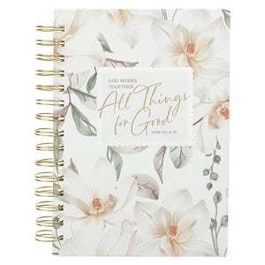 All Things For Good Romans 8:28 White Floral Wirebound Journal