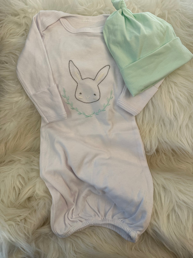 Bunny Baby Gown & Mint Hat Set