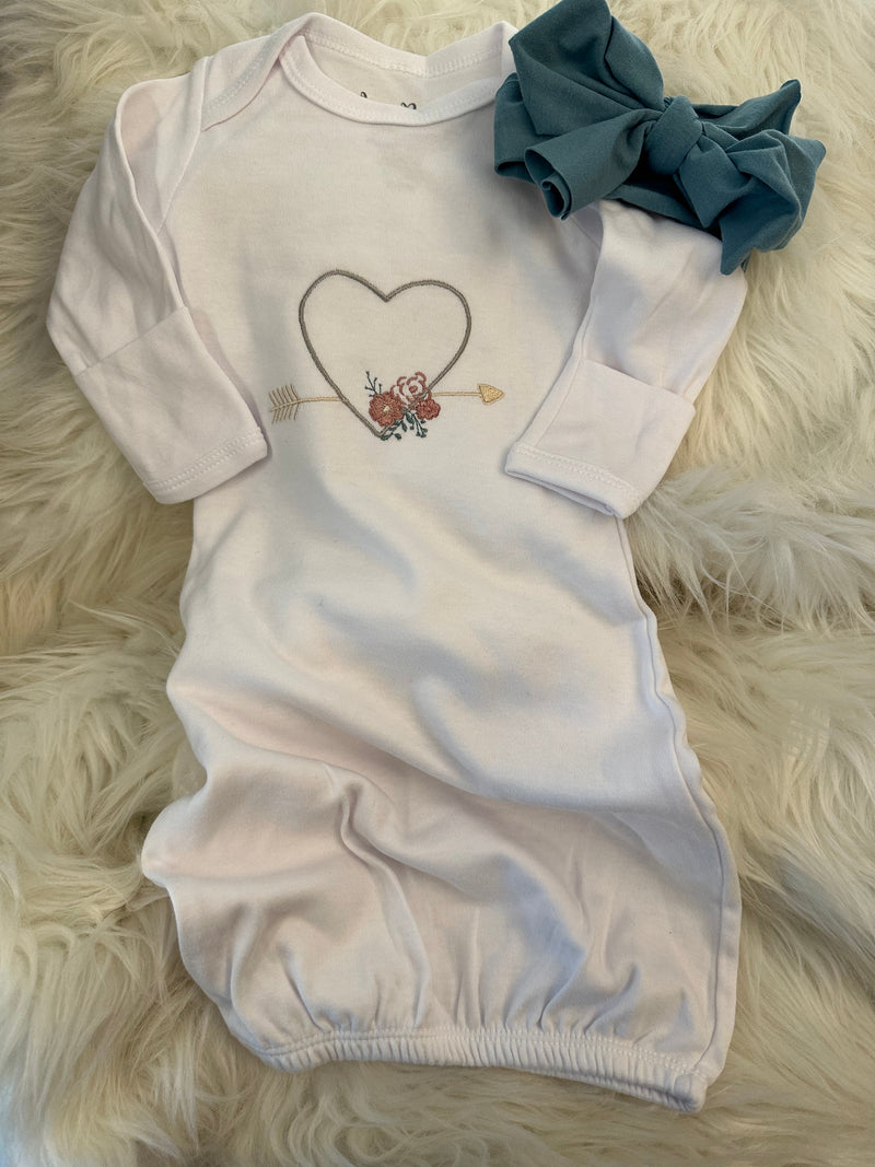 Heart Baby Gown & Dusty Teal Bow Set