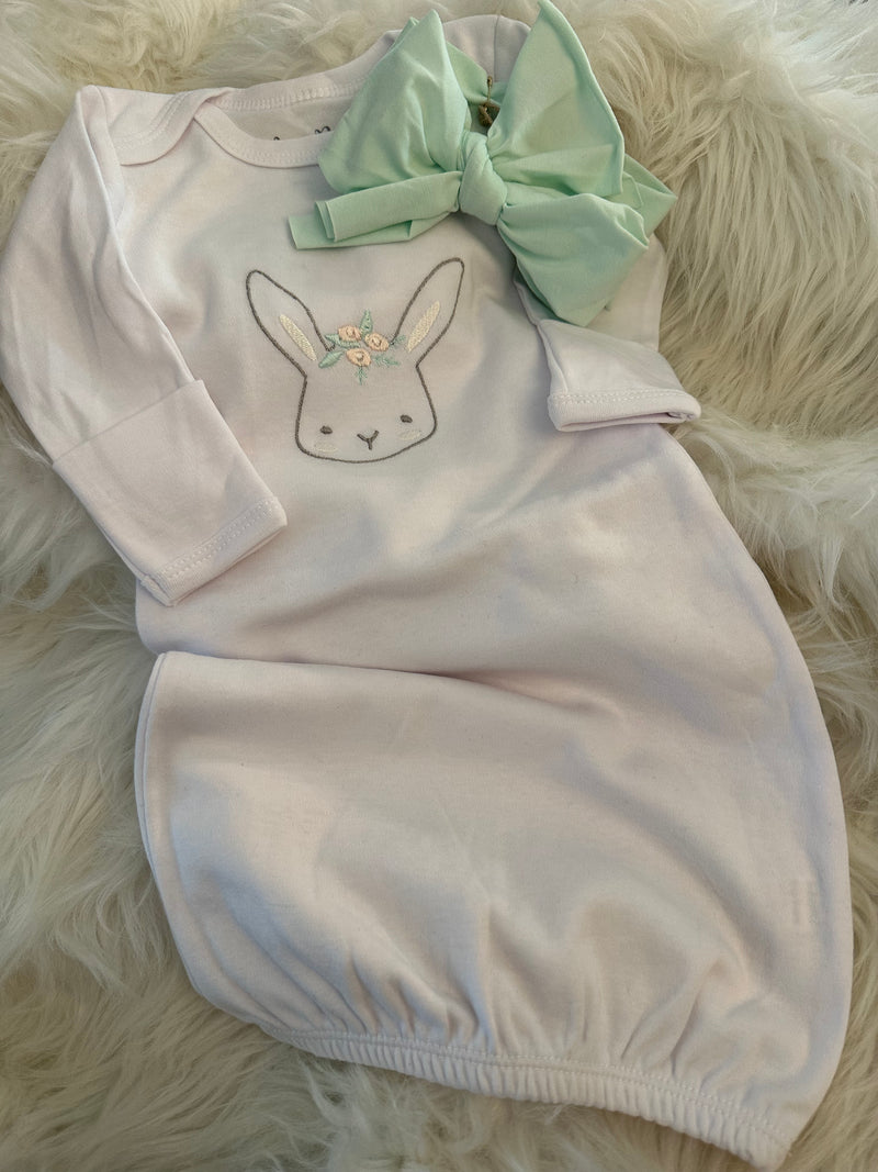 Bunny Baby Gown & Mint Bow Set
