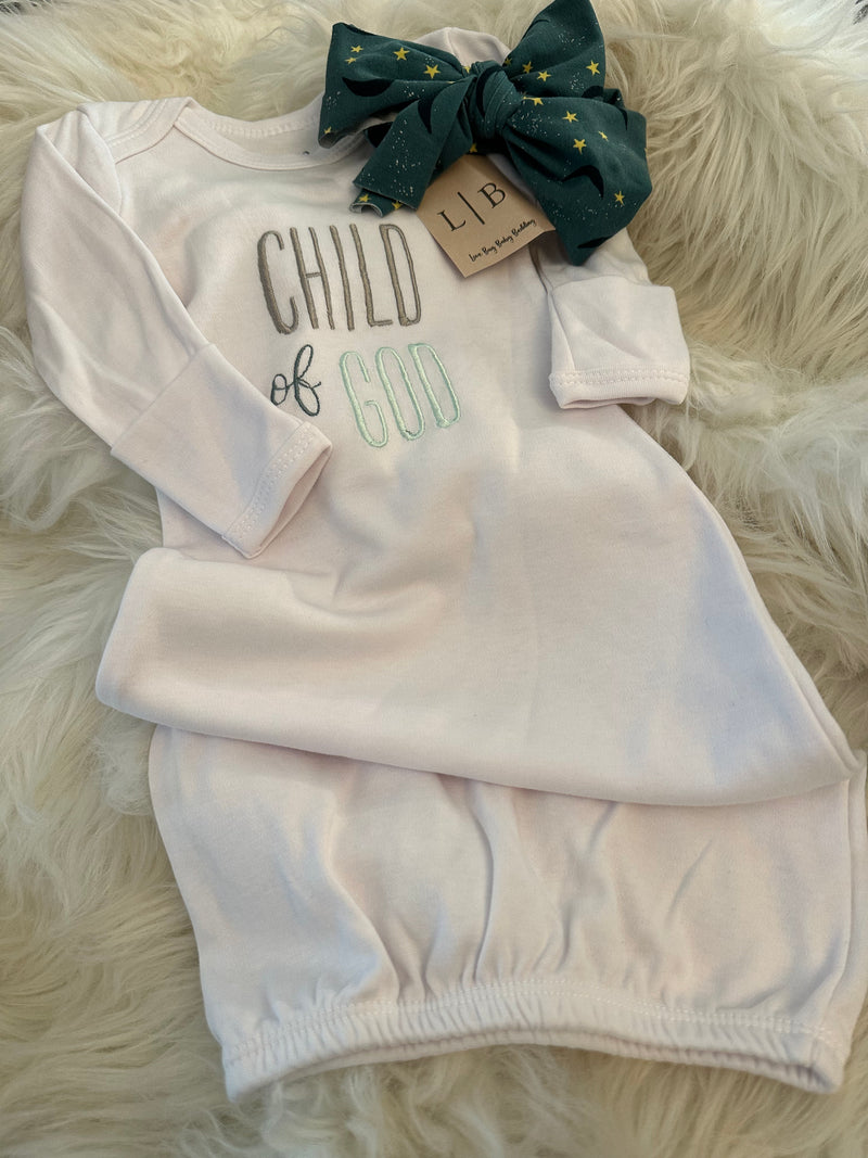 Child of God Baby Gown & Teal Bow Set