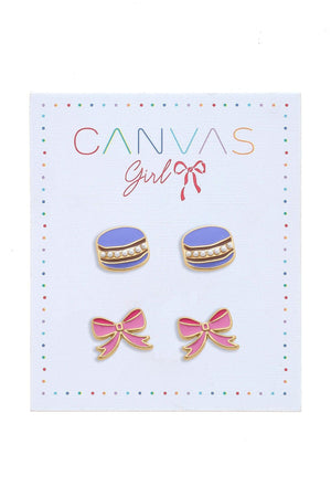 Madelaine Macaroon & Ribbon Bow Kid's Stud Earrings Set